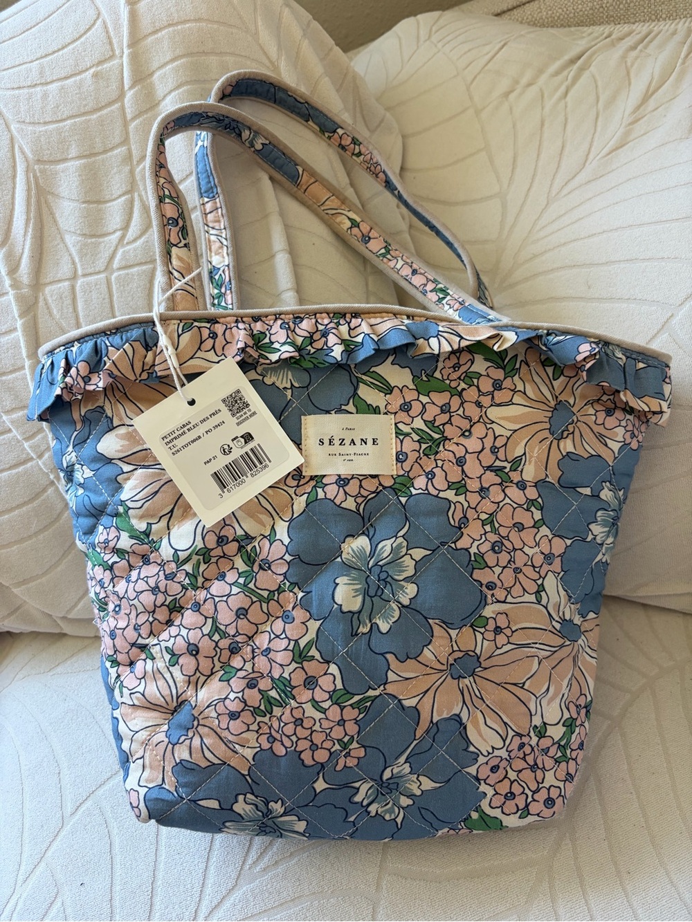 Sézane Floral Quilted Tote - Blue, Pink & Cream